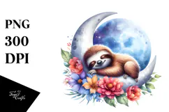 Baby Sloth Sleeping on the Moon with Flowers | Clipart Product Image 1