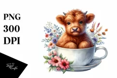 Cute Baby Highland Cow Sitting in Cup | Sublimation Clipart Product Image 1