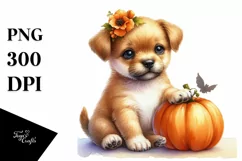 Cute Baby Puppy Holding Pumpkin, PNG Product Image 1