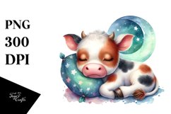 Colorful Small Baby Cow Sleeping Moon Whimsical Clipart Product Image 3