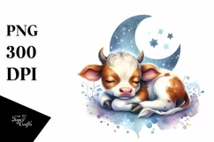 Colorful Small Baby Cow Sleeping Moon Whimsical Clipart Product Image 1