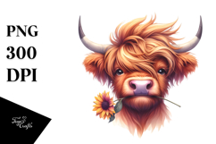 Funny Highland Cow with Flower in Mouth PNG Product Image 1