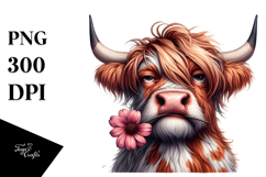 Funny Highland Cow with Flower in Mouth PNG Product Image 1