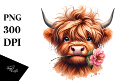 Funny Highland Cow with Flower in Mouth PNG Product Image 1