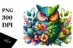 Vibrant Owl with Plant Leaves, PNG Product Image 1