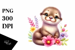 Smiling Baby Otter, Flower | Sublimation | Clipart Product Image 1