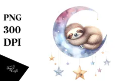 Vibrant Watercolor Pastel Baby Sloth Sleeping on Moon with Product Image 1