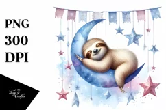 Vibrant Watercolor Pastel Baby Sloth Sleeping on Moon with Product Image 1
