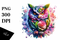 Vibrant Owl with Flowers and Splashes, PNG Product Image 1