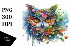 Vibrant Owl with Flowers and Splashes, PNG Product Image 1