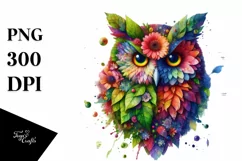 Vibrant Owl with Flowers and Splashes, PNG Product Image 1