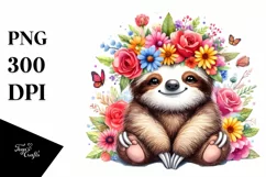 Watercolor Sloth with Flower Crown PNG Product Image 3