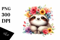 Watercolor Sloth with Flower Crown PNG Product Image 3