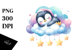Vibrant Watercolor Pastel Cute Penguin Sleeping on Cloud Product Image 1