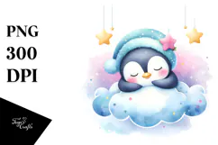 Vibrant Watercolor Pastel Cute Penguin Sleeping on Cloud Product Image 1