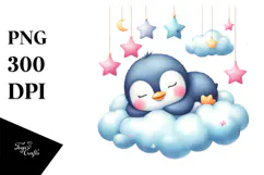 Vibrant Watercolor Pastel Cute Penguin Sleeping on Cloud Product Image 1