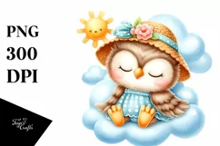 Watercolor Cute Baby Owl Dressed for Summer Sleeping on Product Image 4