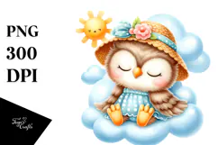 Watercolor Cute Baby Owl Dressed for Summer Sleeping on Product Image 1