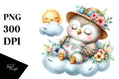 Watercolor Cute Baby Owl Dressed for Summer Sleeping on Product Image 1