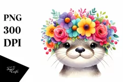 Watercolor Otter with Flower Crown PNG Product Image 1