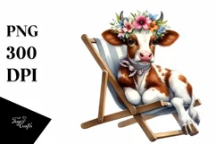 Adorned Young Cow with Flowers | Beach Chair | Clipart Product Image 1