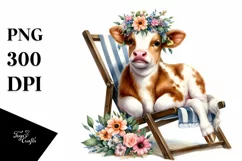Adorned Young Cow with Flowers | Beach Chair | Clipart Product Image 3