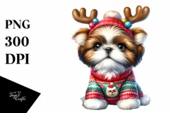 Winter Shih Tzu with Reindeer Horns PNG Product Image 1