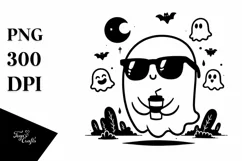 Halloween Cute Ghost with Coffe and Sunglasses PNG Product Image 1