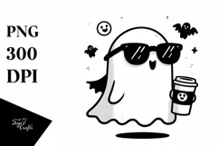 Halloween Cute Ghost with Coffe and Sunglasses PNG Product Image 3
