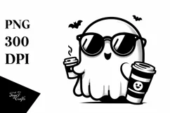 Halloween Cute Ghost with Coffe and Sunglasses PNG Product Image 1