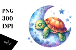 Vibrant Watercolor Baby Turtle Dressed Sleeping on Moon Product Image 1