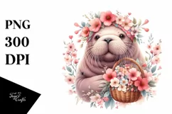 baby Walrus with Flowers and Blossom | Clipart Product Image 1