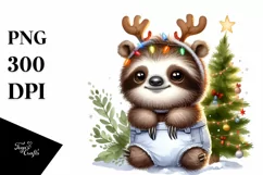 Winter Sloth with Reindeer Horns PNG Product Image 3