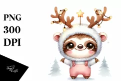 Winter Sloth with Reindeer Horns PNG Product Image 1