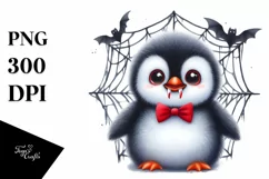 Baby Penguin in Front of Spider Web with Vampire Fangs Product Image 1