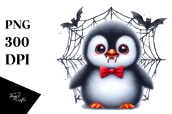 Baby Penguin in Front of Spider Web with Vampire Fangs Product Image 1