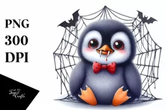 Baby Penguin in Front of Spider Web with Vampire Fangs Product Image 1
