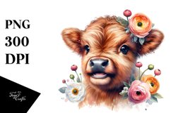 Watercolor Highland Cow Ranunculus Clipart Product Image 3