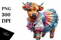 Baby Highland Cow with Dancer's Outfit, Watercolor PNG Product Image 3