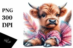 Baby Highland Cow with Dancer's Outfit, Watercolor PNG Product Image 1