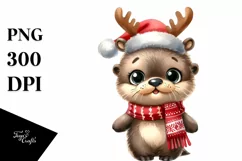 Winter Otter with Reindeer Horns PNG Product Image 1