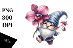 Watercolor Gnome with Large Orchid, PNG Product Image 1