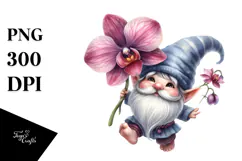 Watercolor Gnome with Large Orchid, PNG Product Image 1