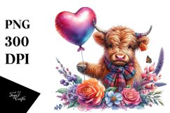 Baby Highland Cow with Heart Balloon, Watercolor PNG Product Image 3