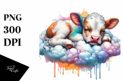 Colorful Baby Cow Napping on Cloud, PNG Product Image 3