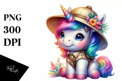 Baby Unicorn with Safari Hat, PNG File Product Image 1