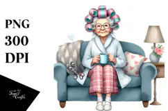 Watercolor Character Sitting on Sofa with Mug | Sublimation Product Image 1