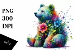 Vibrant Bear with Flowers and Splashes, PNG Product Image 3