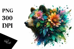 Vibrant Bear with Flowers and Splashes, PNG Product Image 1