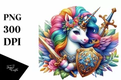 Colorful Baby Unicorn with Shield and Sword, PNG Product Image 3